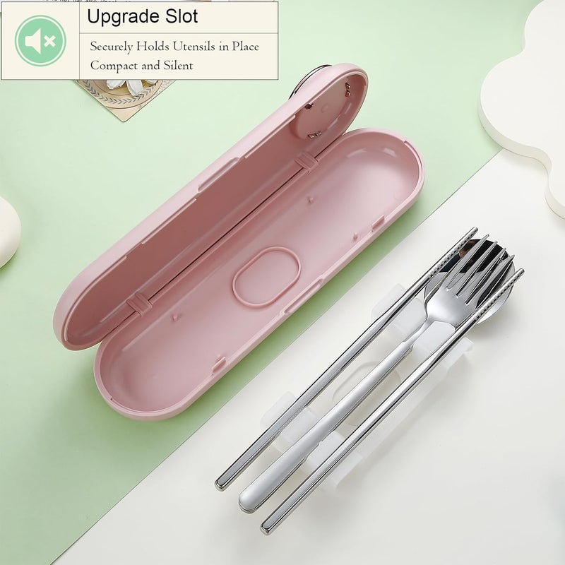 DEVICO Travel Utensils with Case Cute, Reusable Silverware for Lunch, Portable Cutlery Set, 18/8 Stainless Steel Fork Spoon Chopsticks in Cartoon Case, Dishwasher Safe (Pink) - Image 2